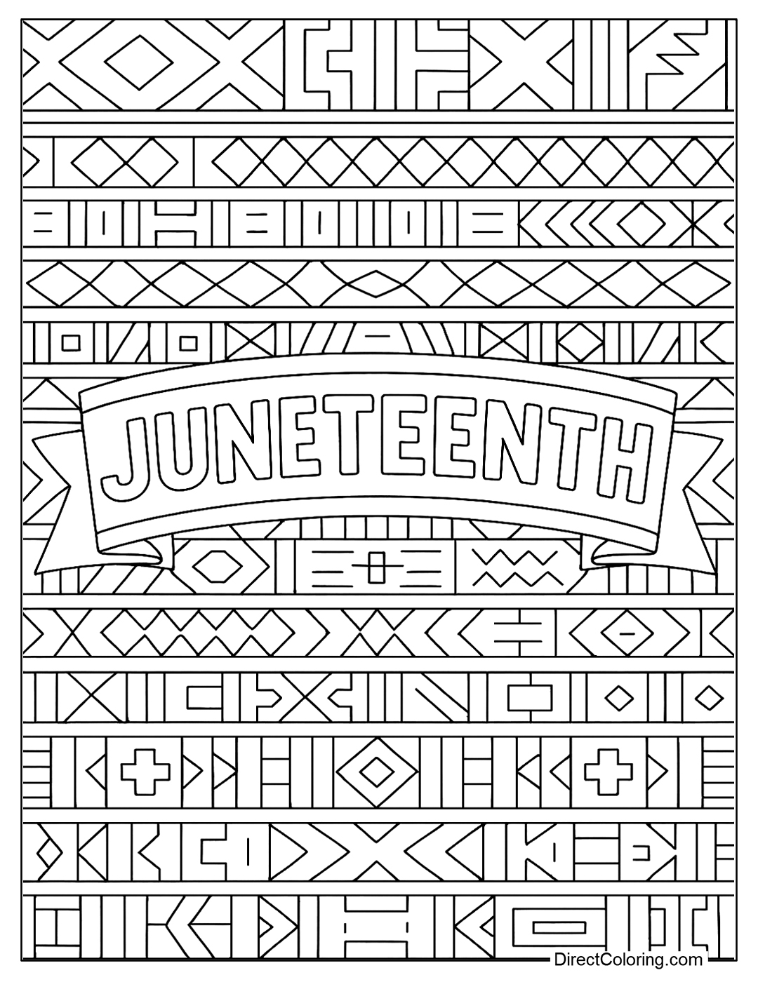 Coloring page of “Juneteenth” banner with Kente fabric patterns or traditional African motifs